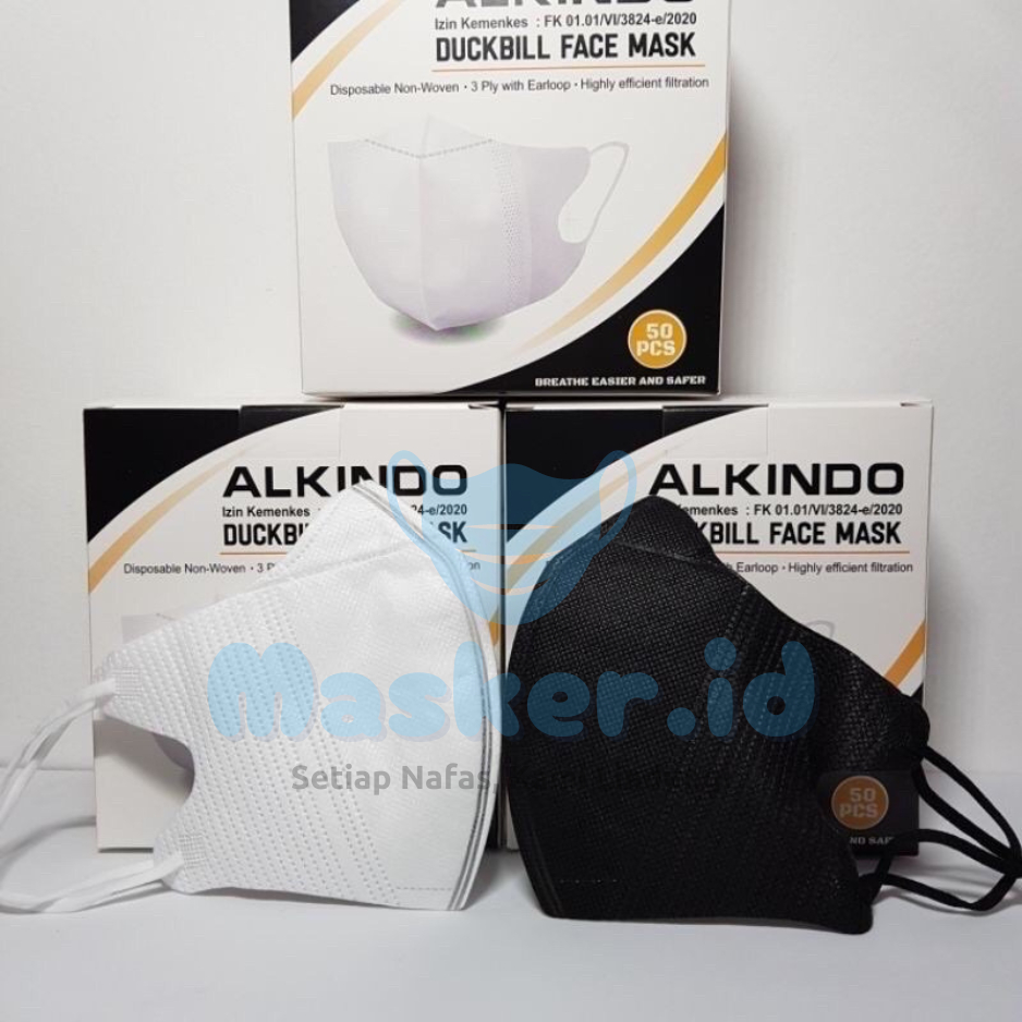 MASKER DUCKBILL GARIS ALKINDO 4PLY ISI 50PCS PUTIH HITAM FACEMASK DUCKBILL ALKINDO 3 PLY