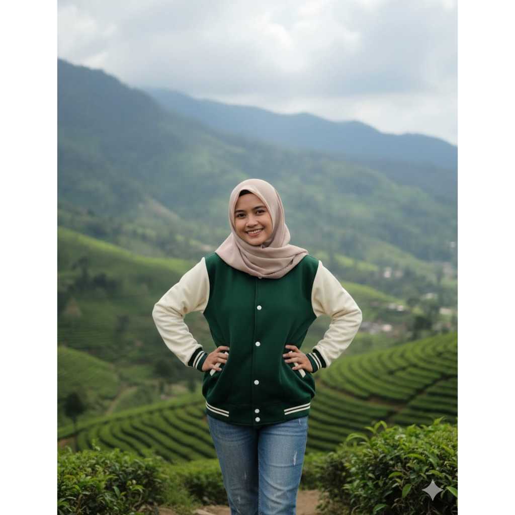 JAKET VARSITY POLOS HIJAU BOTOL KREM WANITA PRIA MURAH