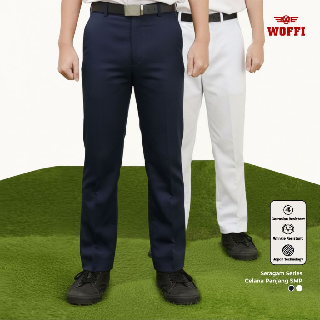 Seragam SMP Woffi Celana Panjang Biru dan Putih Variasi Karet dan Ban