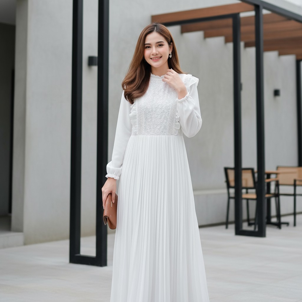 VELARA – Gamis Putih Plisket Brukat Wanita Premium