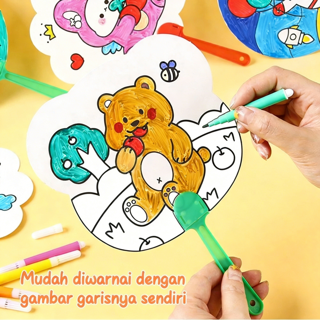 Paket Souvenir DIY Kipas Mewarnai Anak - Untuk Goodie Bag Ultah, Prakarya TK/PAUD, dan Aktivitas