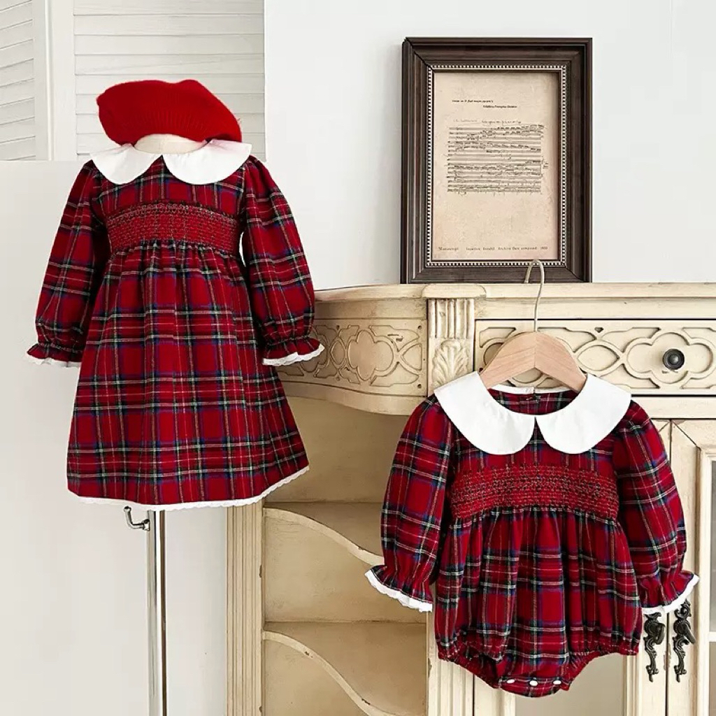 Red tartan romper bayi perempuan | dress merah anak | baju kembar