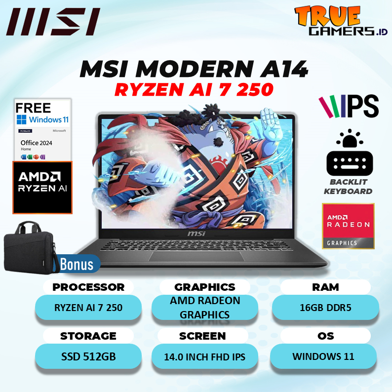 Laptop Msi Modern A14 AMD Ryzen AI 7 250 RAM 16GB 1TB SSD Windows 11+Office Home 14.0" Full HD IPS