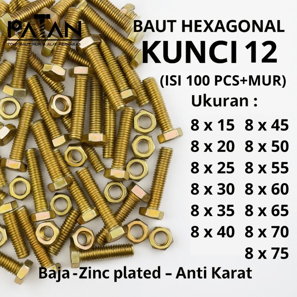 keepsafetyy [ISI 100 PCS] Baut dan Mur Besi M8 (Panjang 15-75) Kuning Kunci 12 Drat Pitch 1.25 -Baut