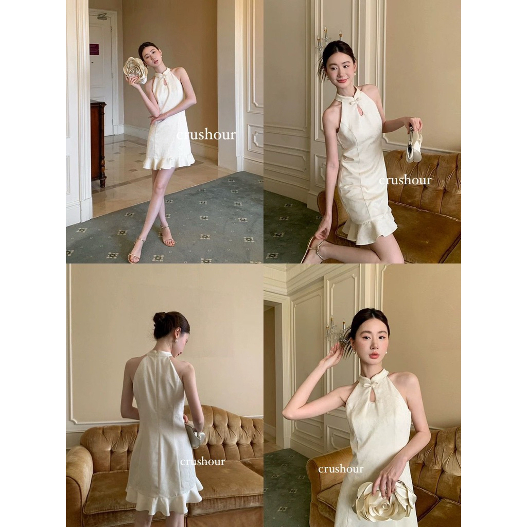 Crushour | Xingli Dress | Cheongsam Dress Wanita Panjang Halter Tali Satu Korean Style Motif Bunga B