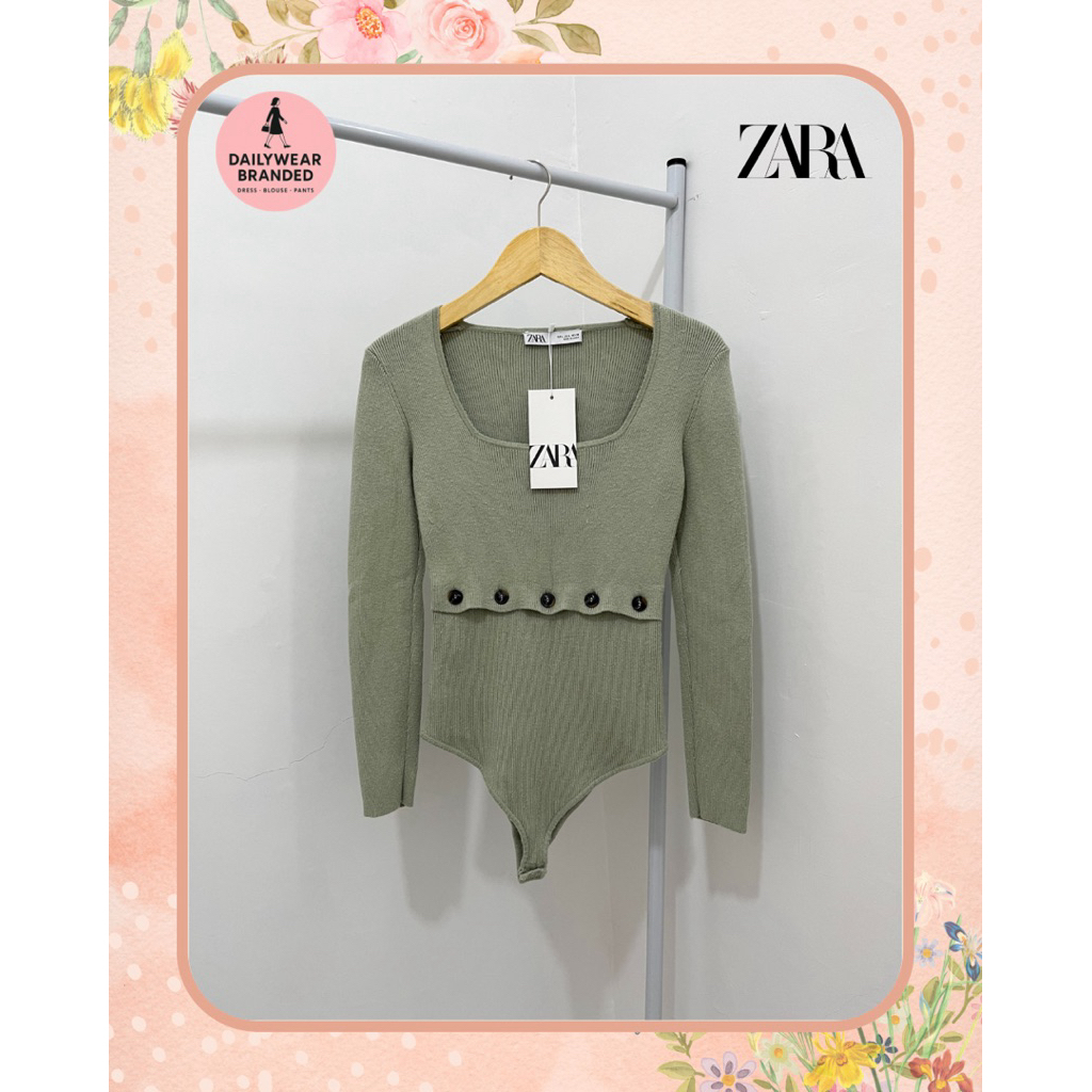ZARA ORIGINAL Long Sleeve Button Trim Knit Bodysuit in Green Long Sleeve