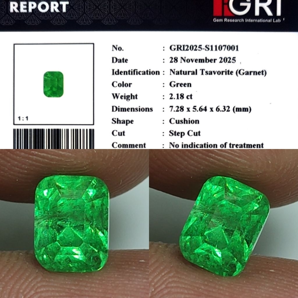 HOT ITEM Natural Tsavorite Garnet 2.18ct GRI Top Crystall Full Luster Siang Malam Nice Color Body Ka
