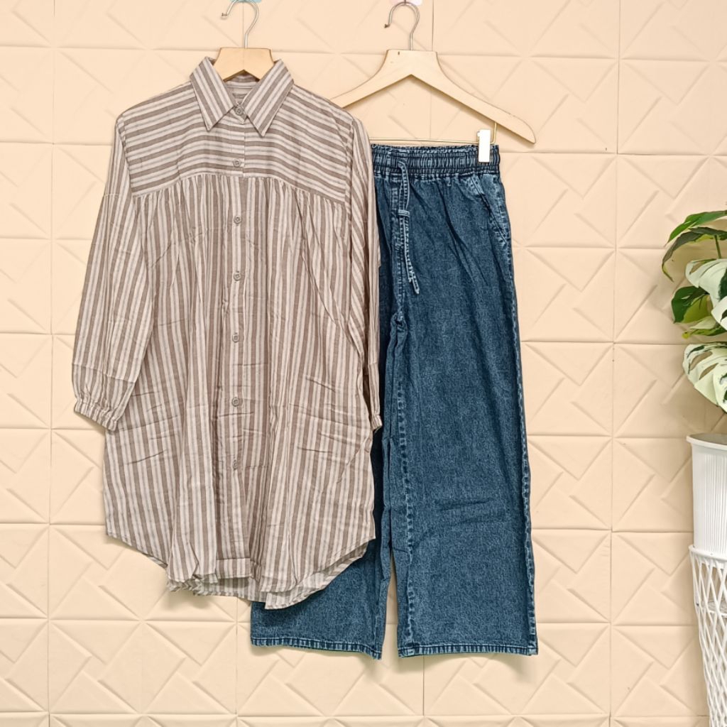 Manda Setelan Wanita Tunik Rayon Motif Salur Dan Celana Kulot Jeans One Set Wanita Terbaru