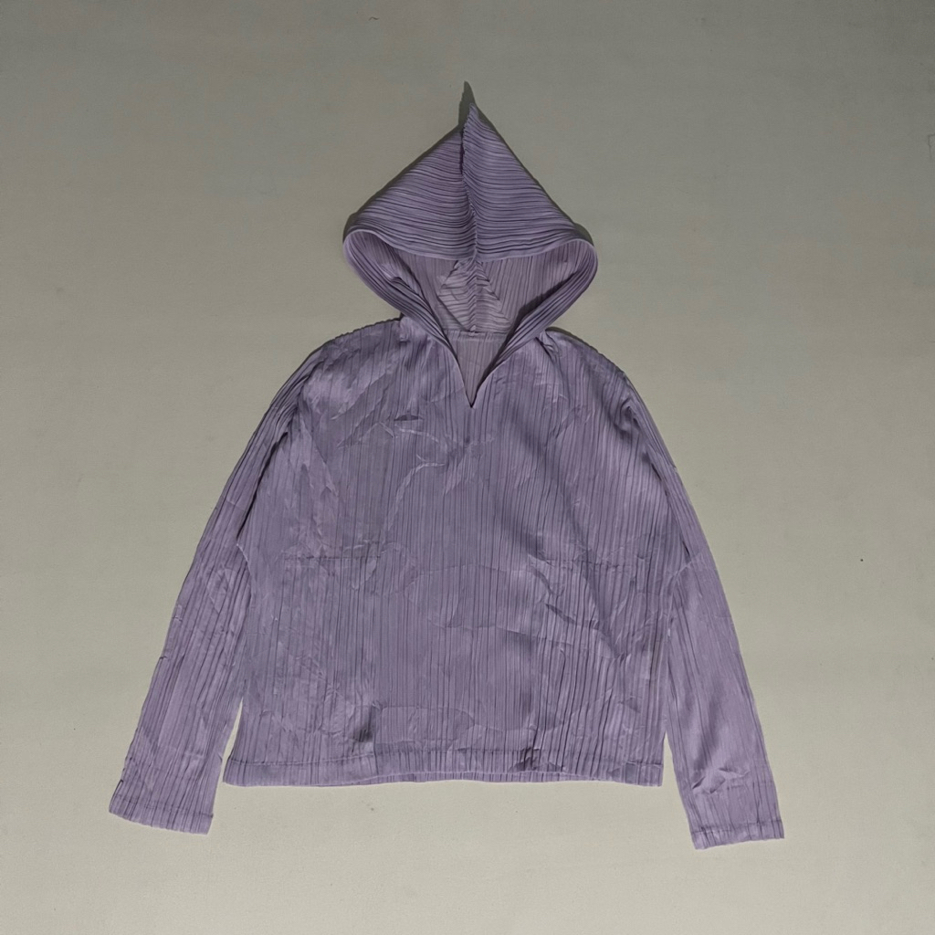 pleated hoodie in lavender by issey miyake