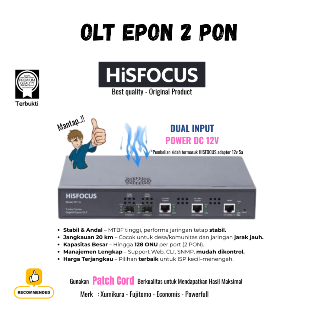 Hisfocus 2P1G Turbo Cooler OLT EPON 2 PON 128