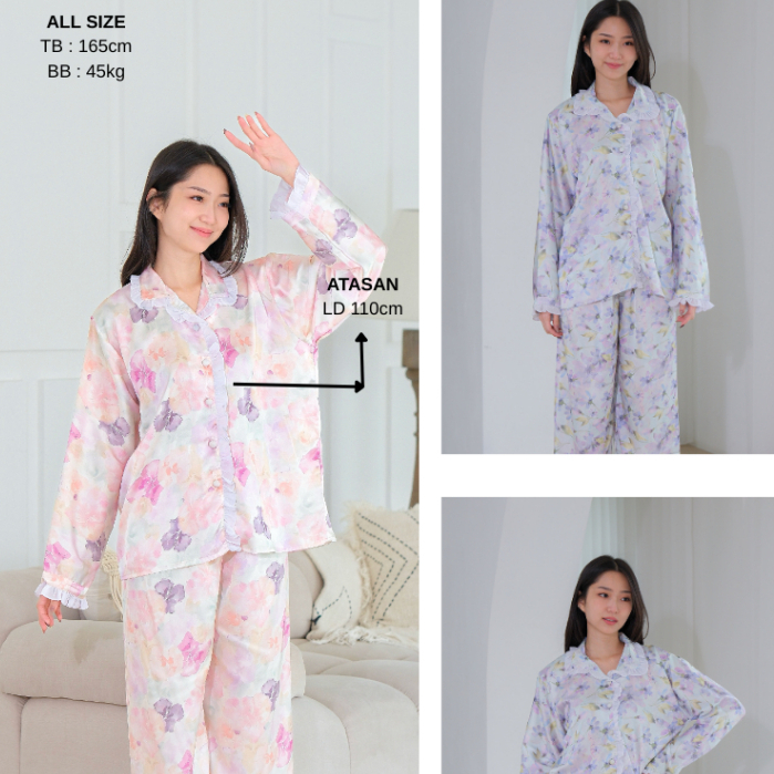 WANITHA - LYNA / Baju Tidur / Piyama Setelan / Lengan Panjang / Celana Panjang / Satin Lembut / Moti