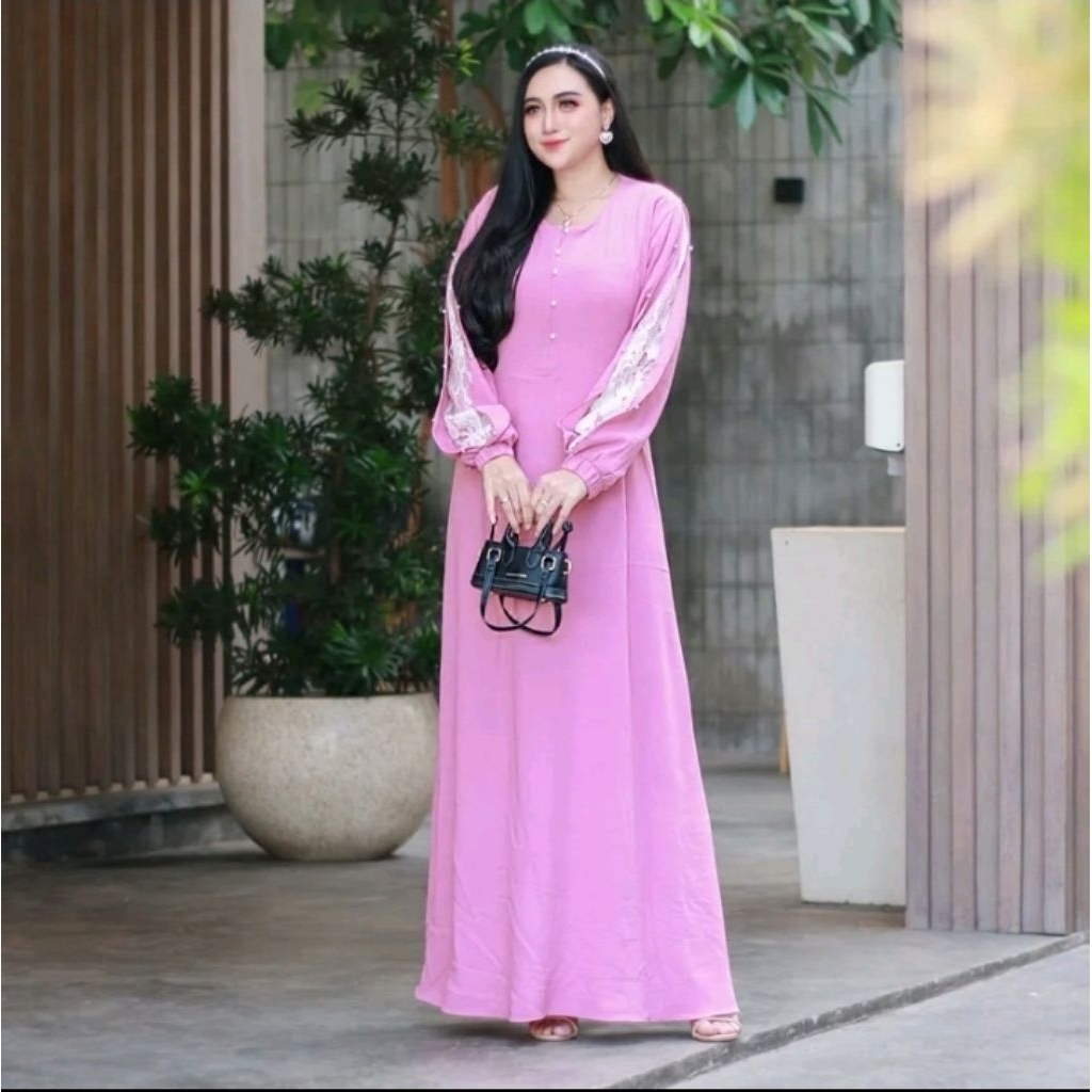 Gamis Crinkle Airflow Premium Lengan Belah Kombinasi Brokat Muslim Panjang Rendah Hitam Menyusui