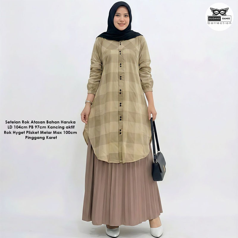Setelan Tunik Rok Terbaru Kekinian Kaira Set Bahan Haruka Premium Mix Hyget Plisket Simpel Elegan