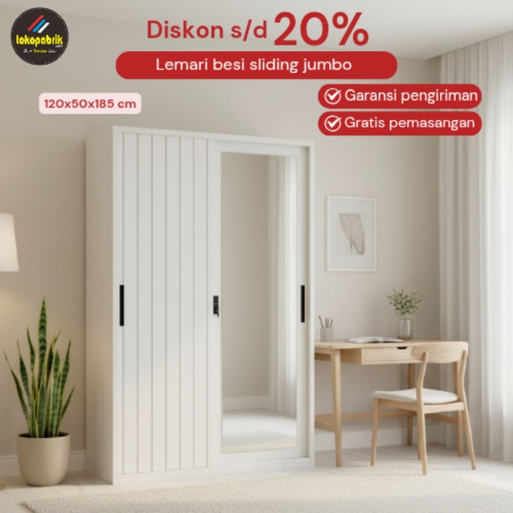 Lemari besi sliding jumbo 2pintu 3pintu kaca full lemari pakaian besi murah cirebon indramayu kuning