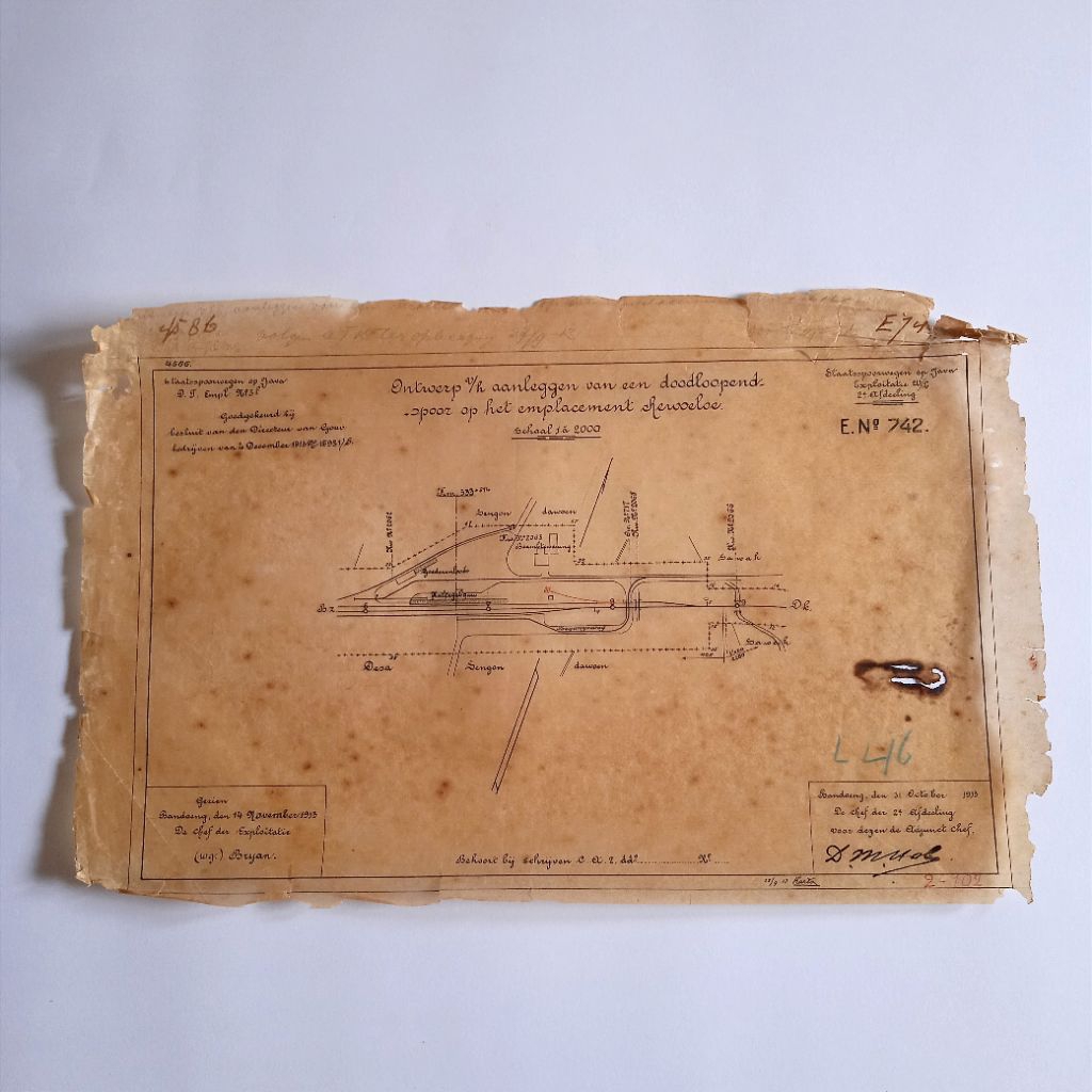 Antik Vintage Dokumen Lama Era Kolonial Gambar Drawing Kertas Kalkir Peta Rencana Pembangunan Stasiu