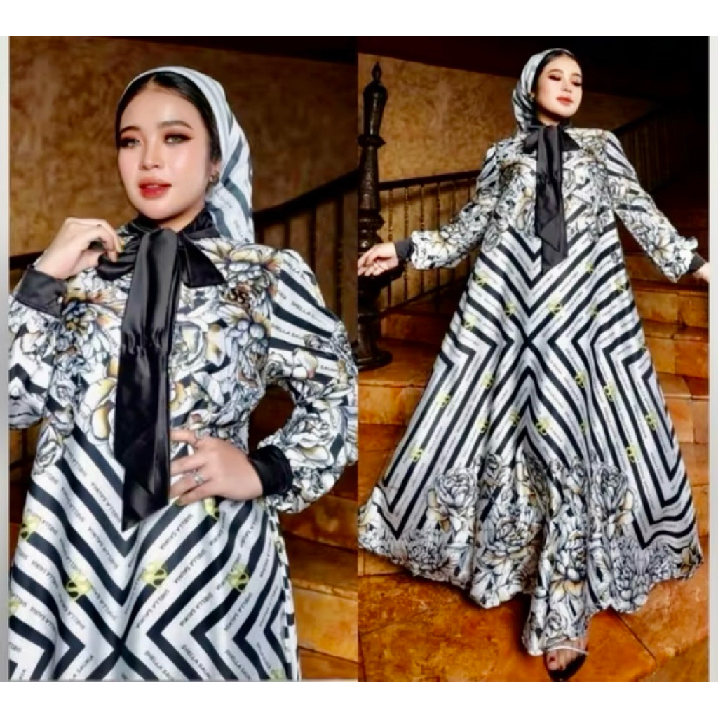 SHELLASAUKIA GAMIS MONOGRAM SET HIJAB RAYA DRESS LEBARAN PUTIH