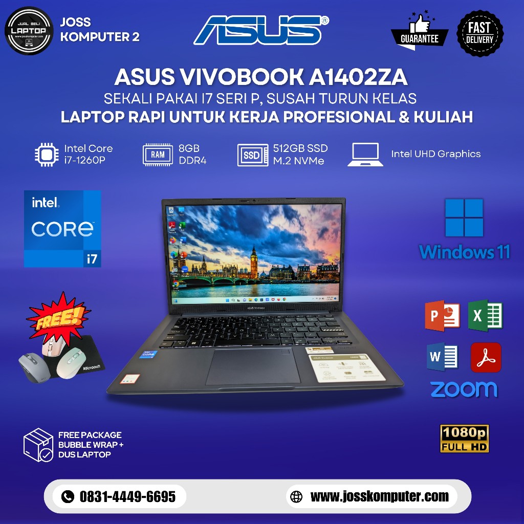 Laptop GEN TERBARU ASUS Vivobook A1402ZA / Intel Core i7-1260P / RAM 8GB / SSD 512GB NVMe / Intel UH