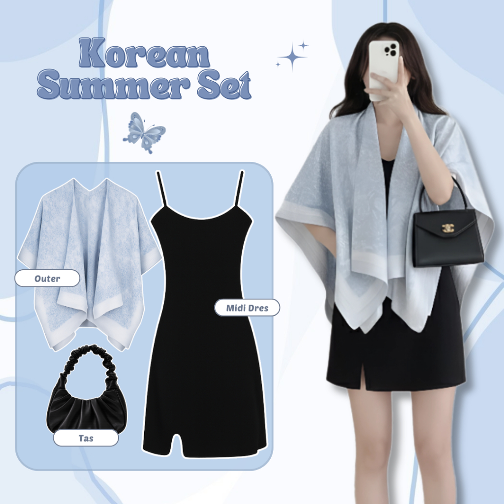 One Set Daily - Outer Blue Sky + Midi Dres + Inner Dres + Long Dres - Outfit Pantai Wanita Hijab