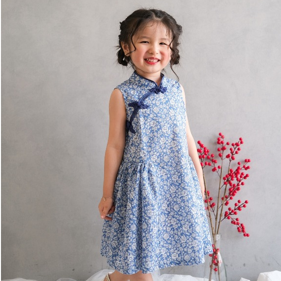 Blue Wu Dress - Pakaian Baju Batik Imlek Anak Cewek Perempuan SpringBuds