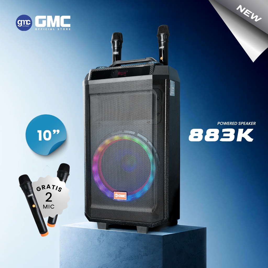 GMC Speaker 883K – Bluetooth Karaoke Speaker 10" – 200W, USB, SD, AV In, FM Radio, Gratis 2 Mic, Kar