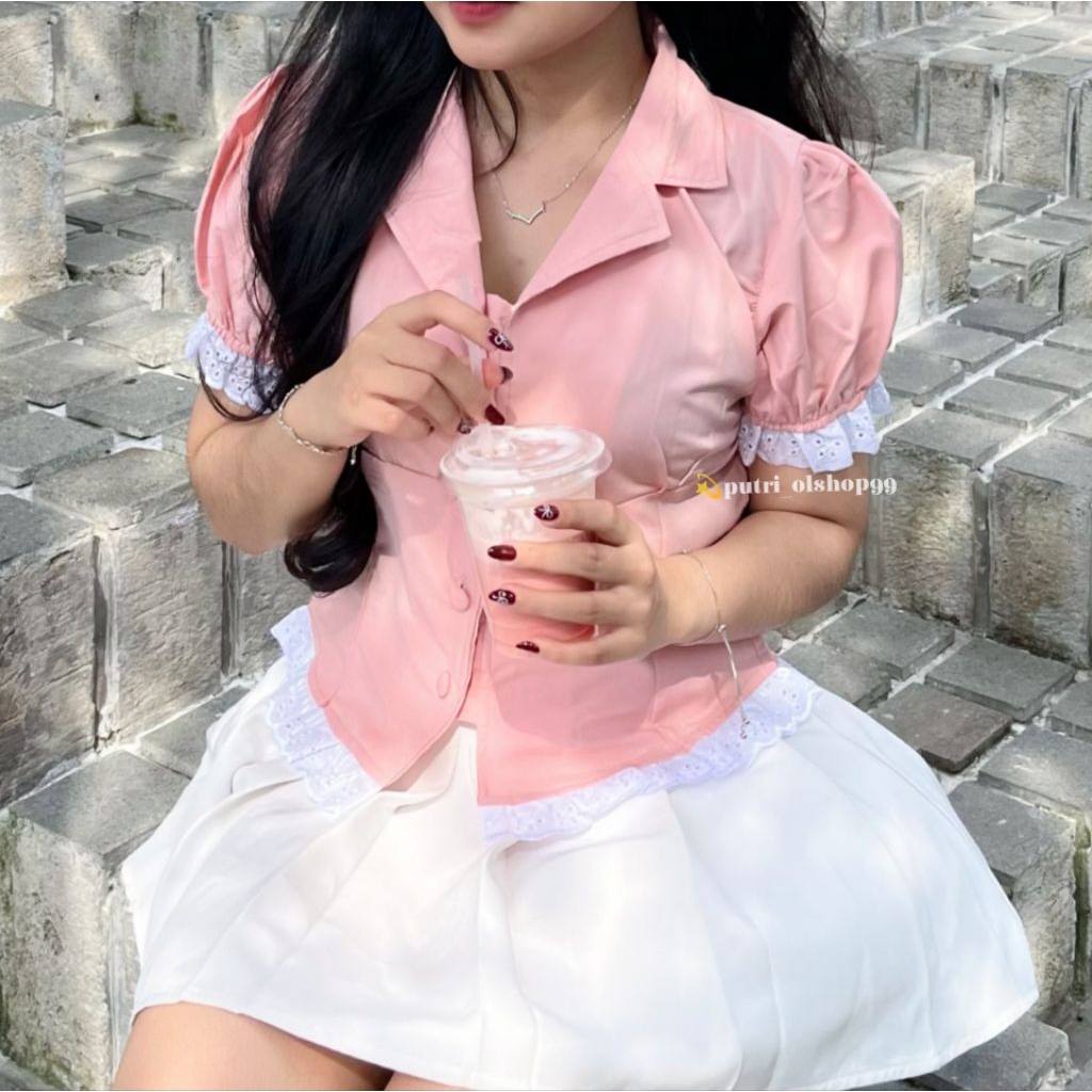 Qela Blouse Lace | Kemeja Stripe Wanita | Atasan Motif Kotak-kotak Blouse By putri_fashion01