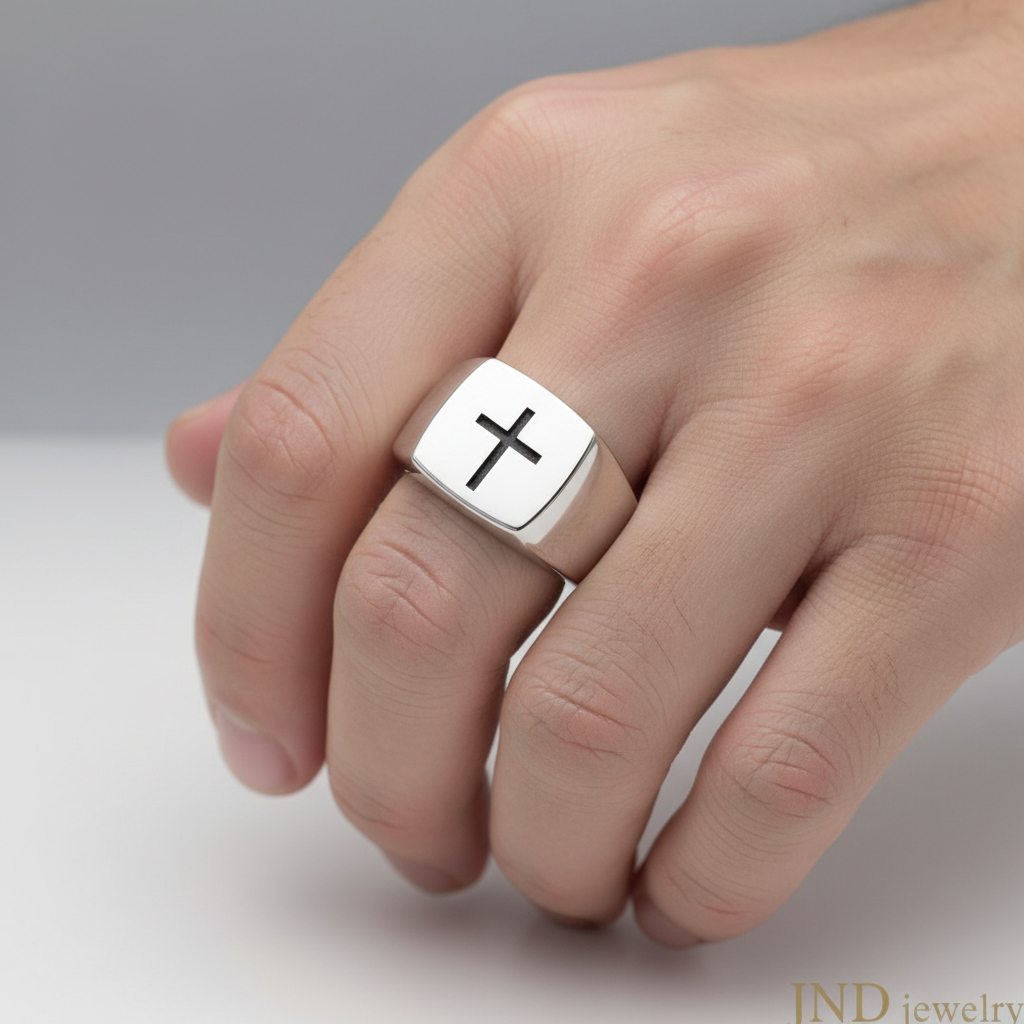 Cincin Pria Salib Minimalis Premium | Signet Ring Elegan Unisex | Warna Gold Rosegold Silver - JND j