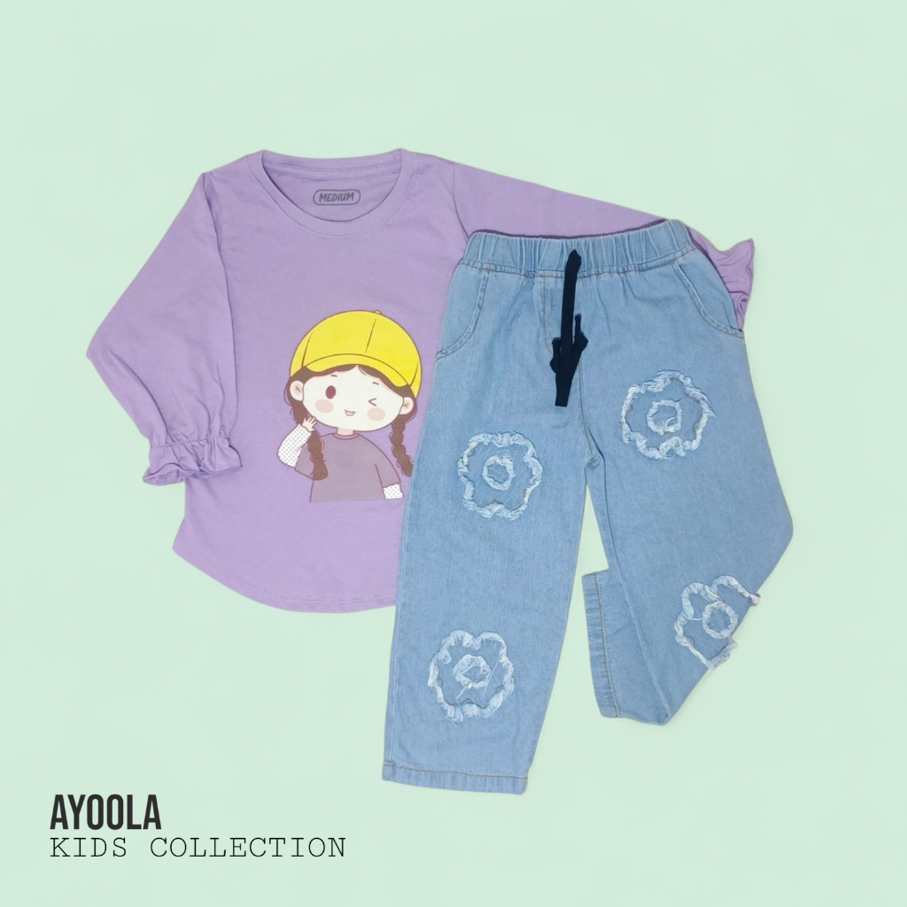 AyoolaKids Baju Blouse Lengan Panjang Warna Ungu Lilac Dan Setelan Soft Denim Untuk Anak Perempuan U