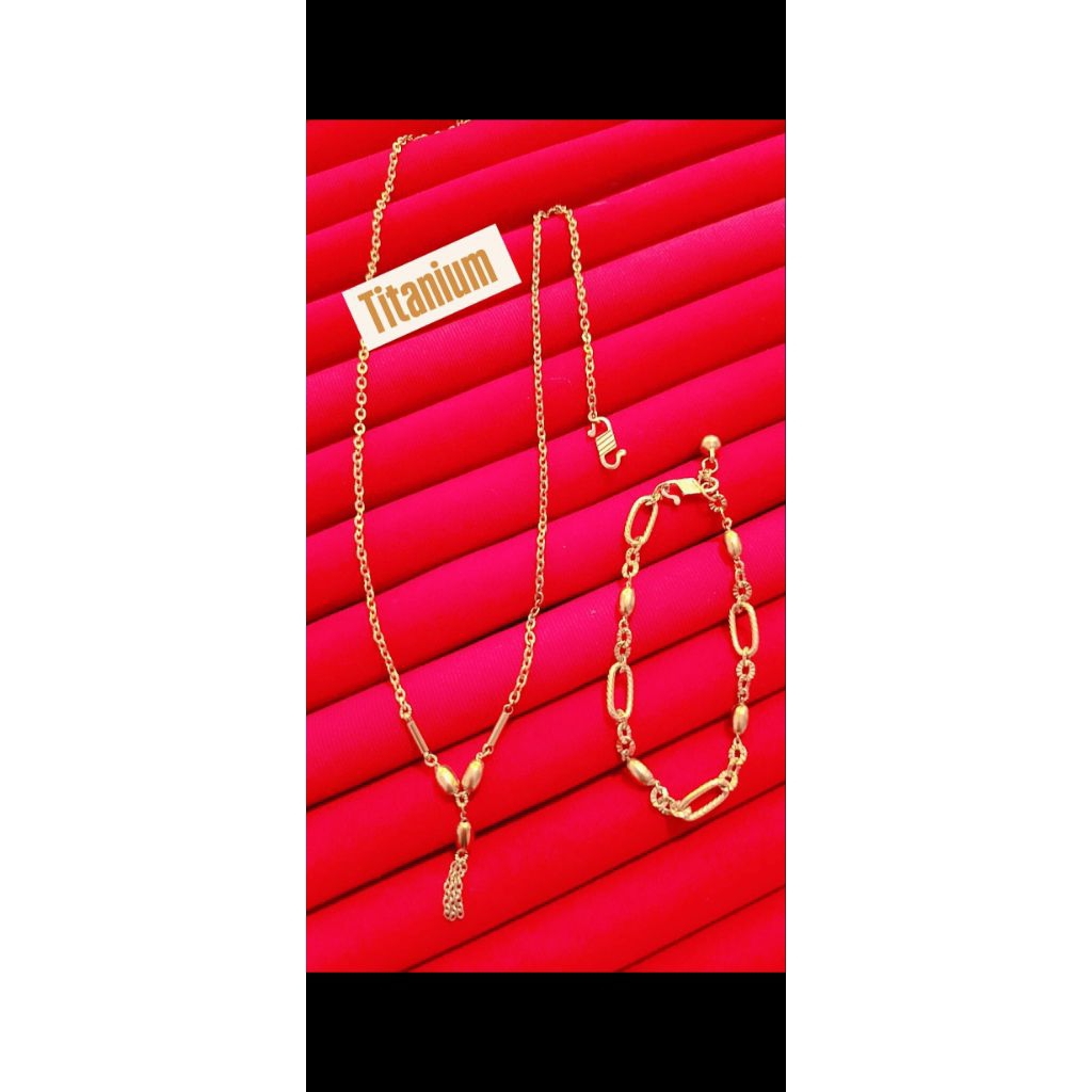 set gelang kalung titanium asli berlapis emas asli 23 karat