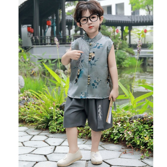(2-9 TAHUN) Setelan Cheongsam Anak Laki Laki Import | Baju Imlek Anak Laki Laki Motif Panda | Setela