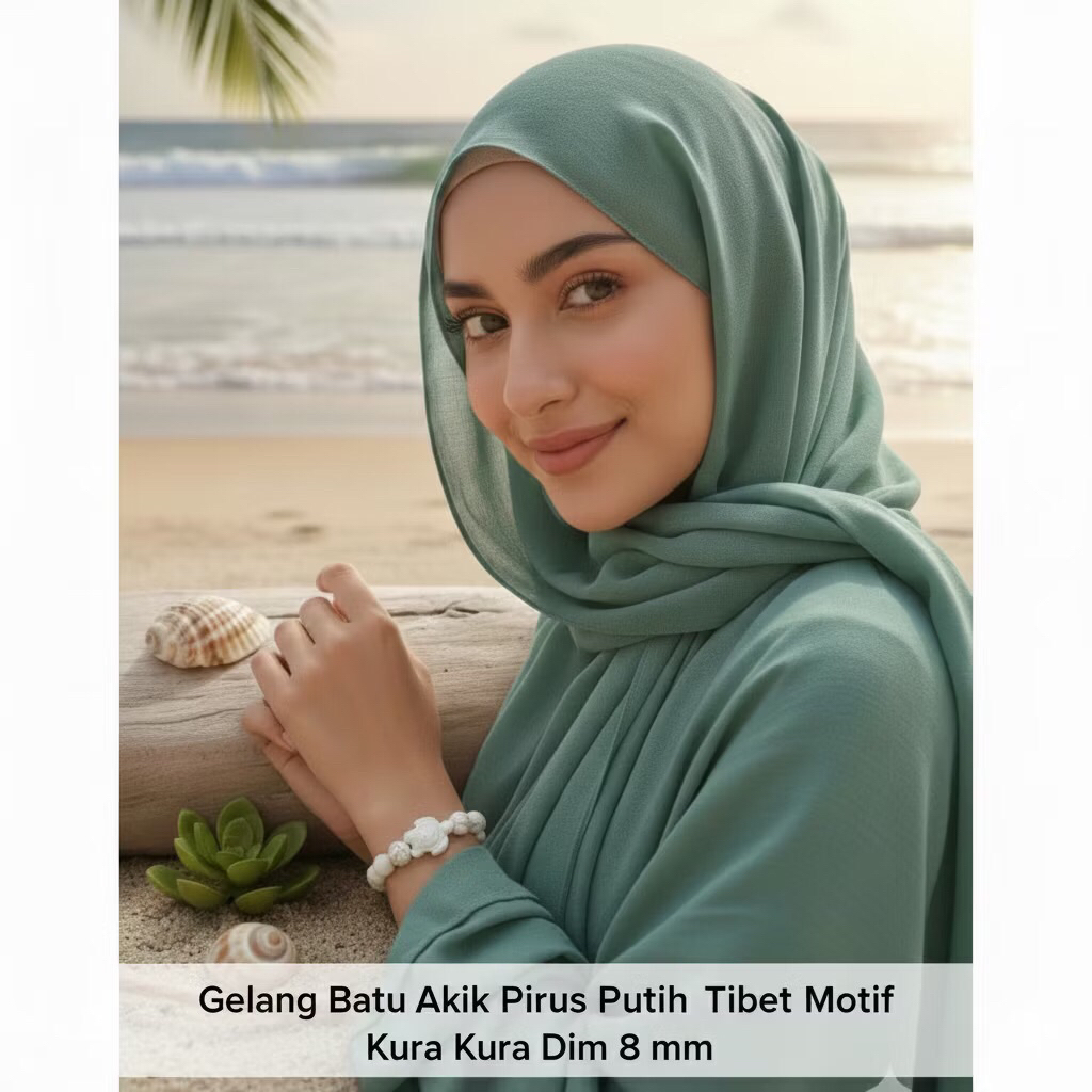 GELANG BATU AKIK PIRUS PUTIH MODEL KURA KURA 8 MM