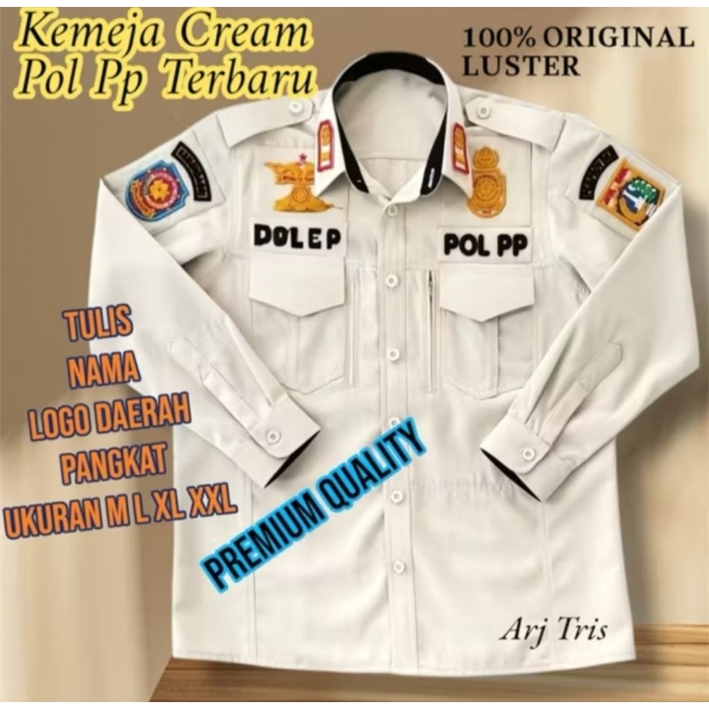 Kemeja Cream POL PP Panjang Terbaru Bahan Luster+atribut bordir premium