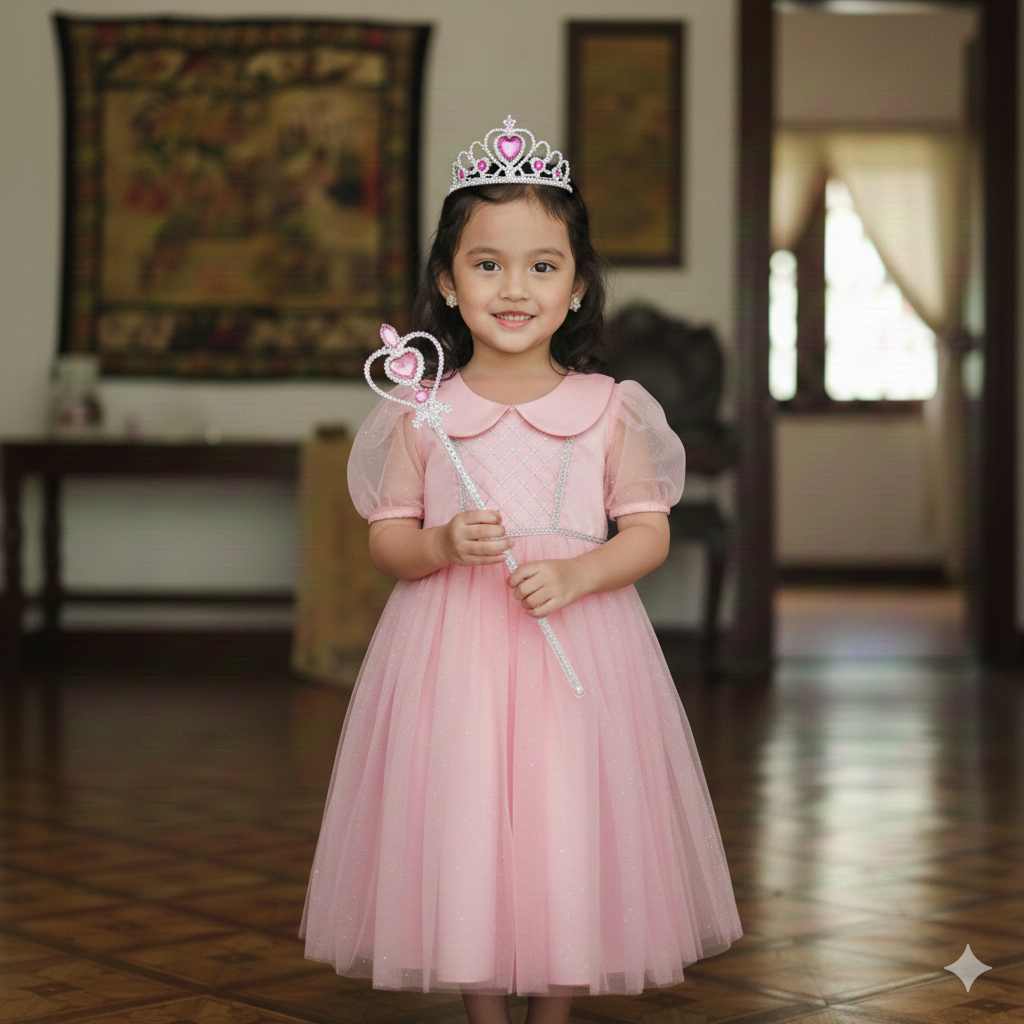 Gaun Anak Perempuan Baju Pesta Dress Ulang Tahun Putri Princess Pink Terbaru Lengkap Mahkota Tongkat