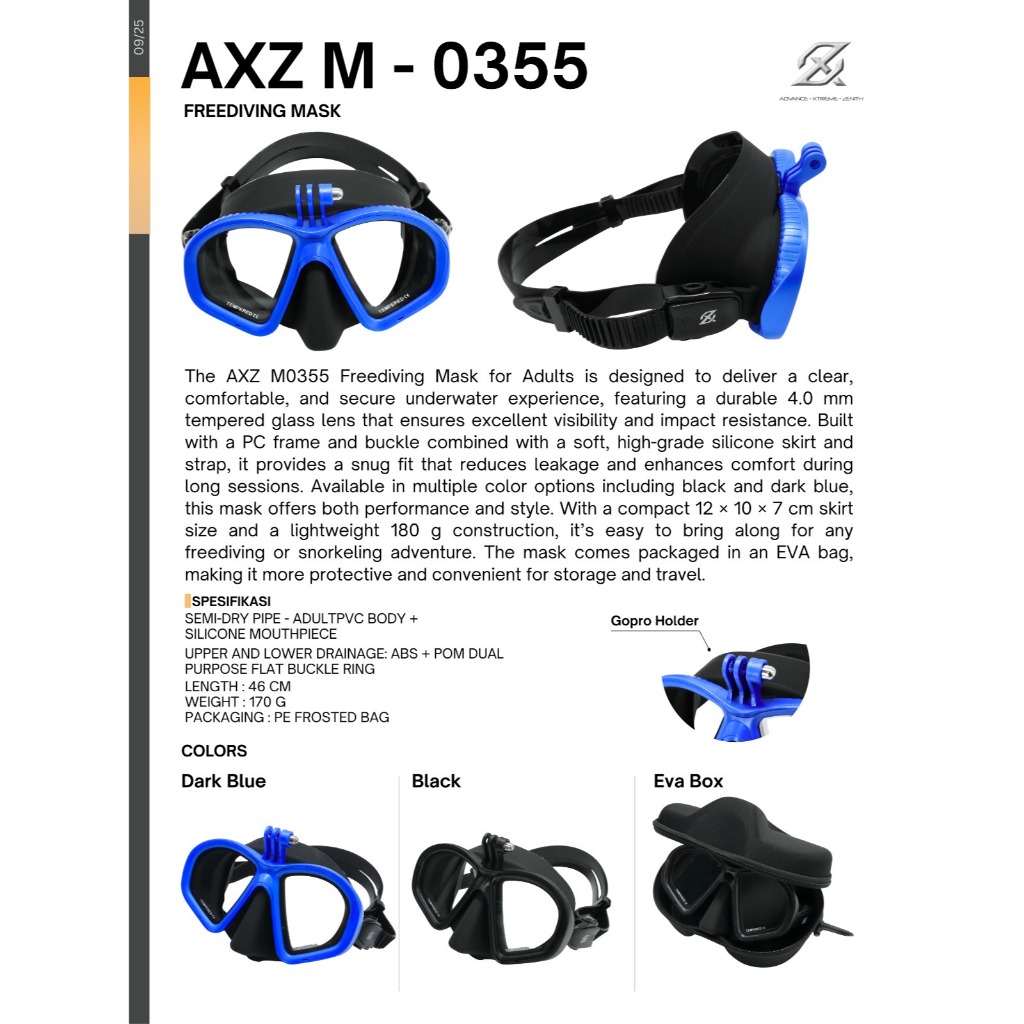 AXZ M-0355 Mask Freediving Dewasa Kaca Tempered 4mm Silicone Skirt + EVA Box