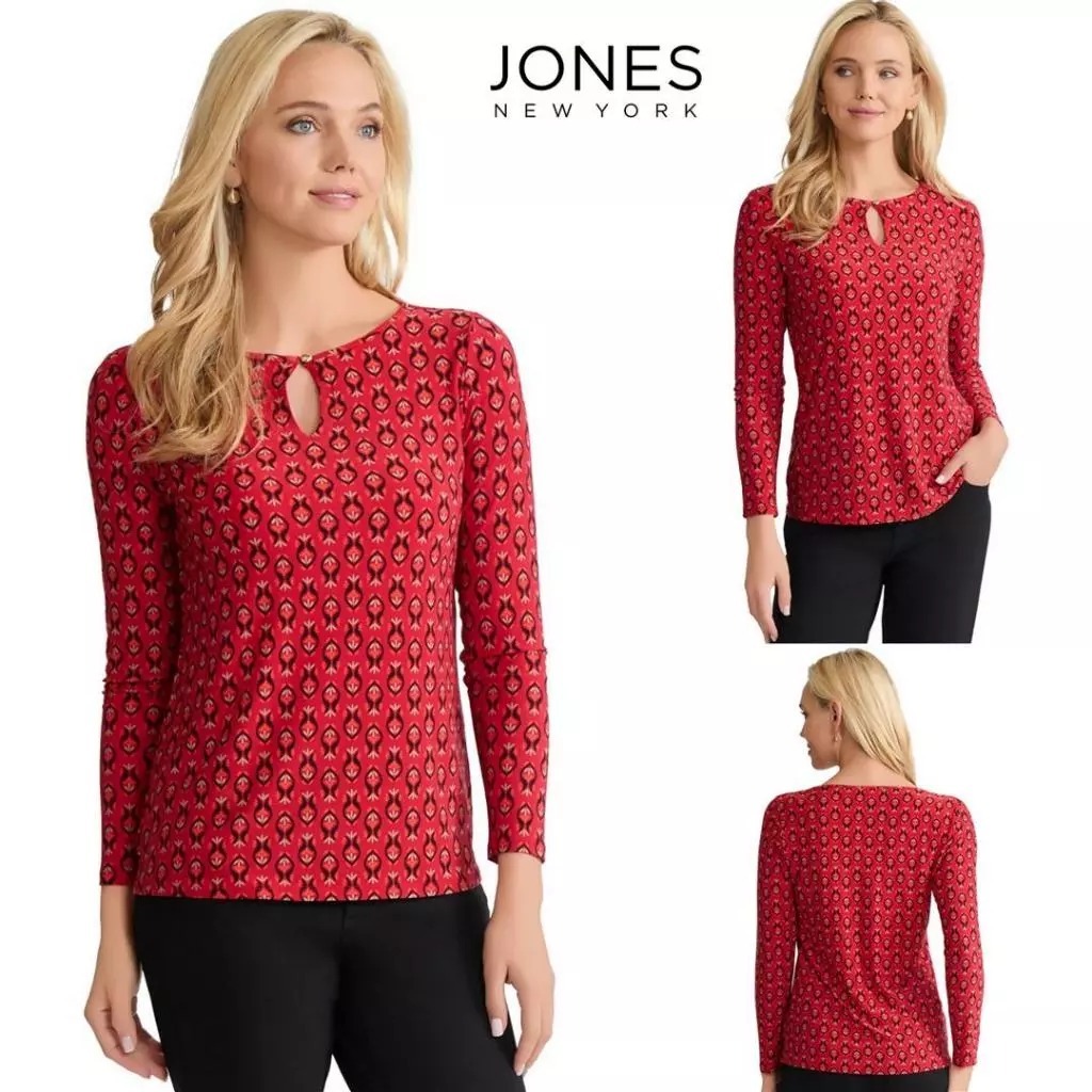 Worldwide Apparel - Long Sleeve Printed Keyhole Top - Business Casual Blouse - Atasan Blouse Kerja W