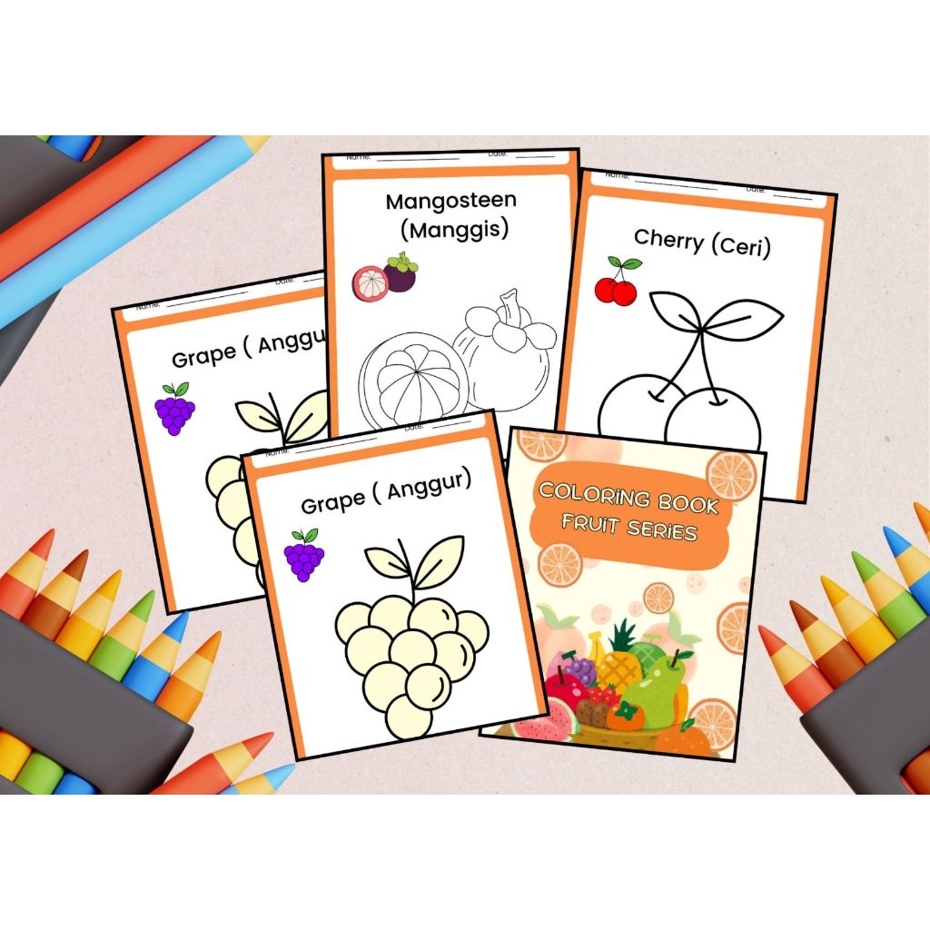 Lembar Mewarnai Tema Buah Anak TK SD – 24 Lembar Kertas A5 HVS Bonus Spidol 8 Warna