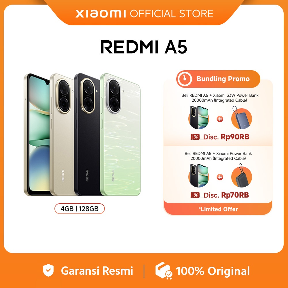 Xiaomi Redmi A5 (4+4GB*/128GB) | Kamera hebat 32MP | Desain memikat 6.88"display | Baterai kuat 5200
