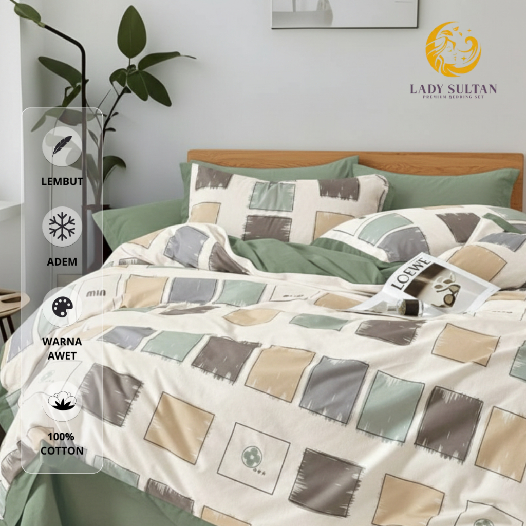 Lady Sultan BedCover Set Katun Jepang Tebal Anti Geser Aesthetic Motif Kotak