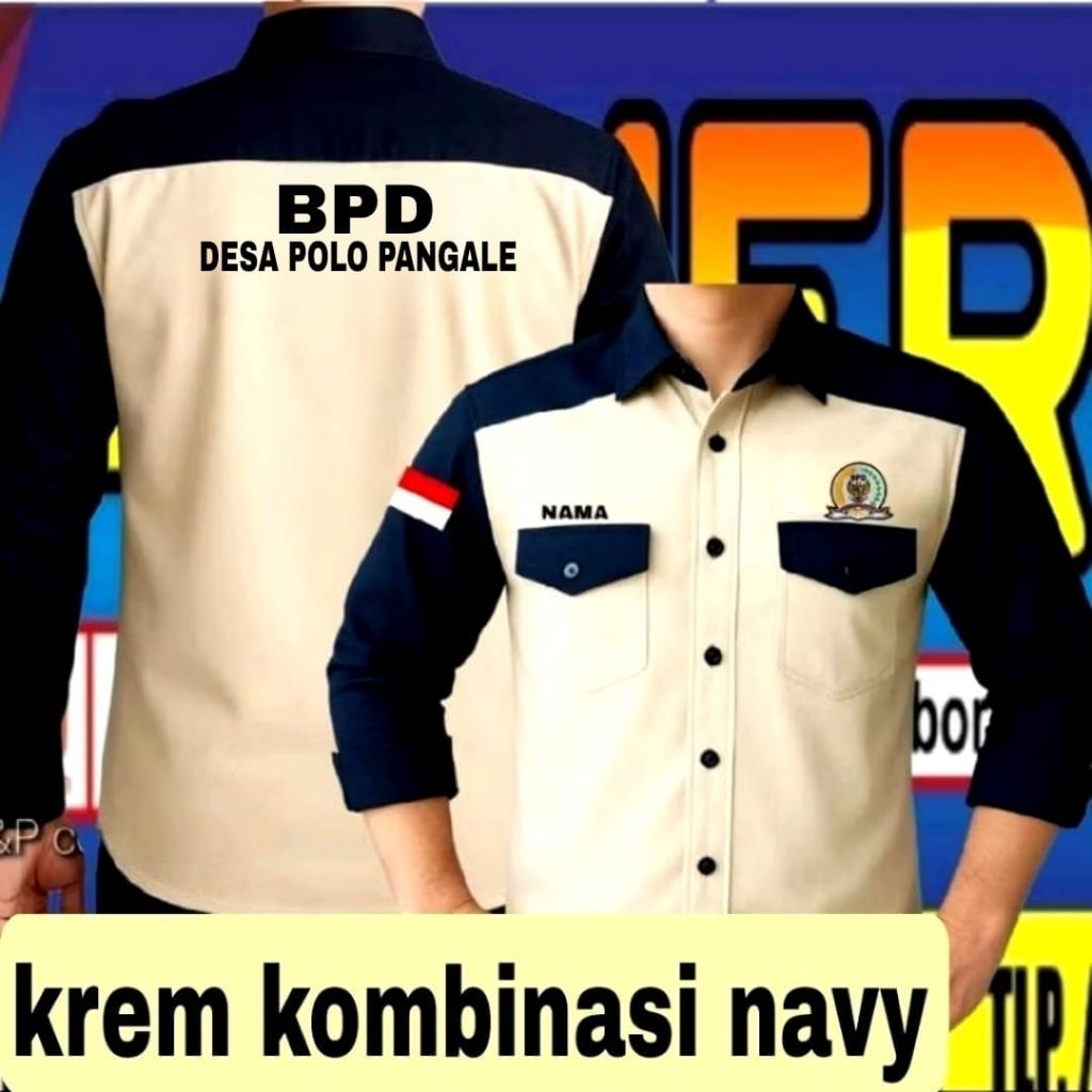 ready stok kemeja krem kombinasi navy bordir kemeja BPD baju BPD seragam BPD Pdh BPD Pdl BPD kemeja 