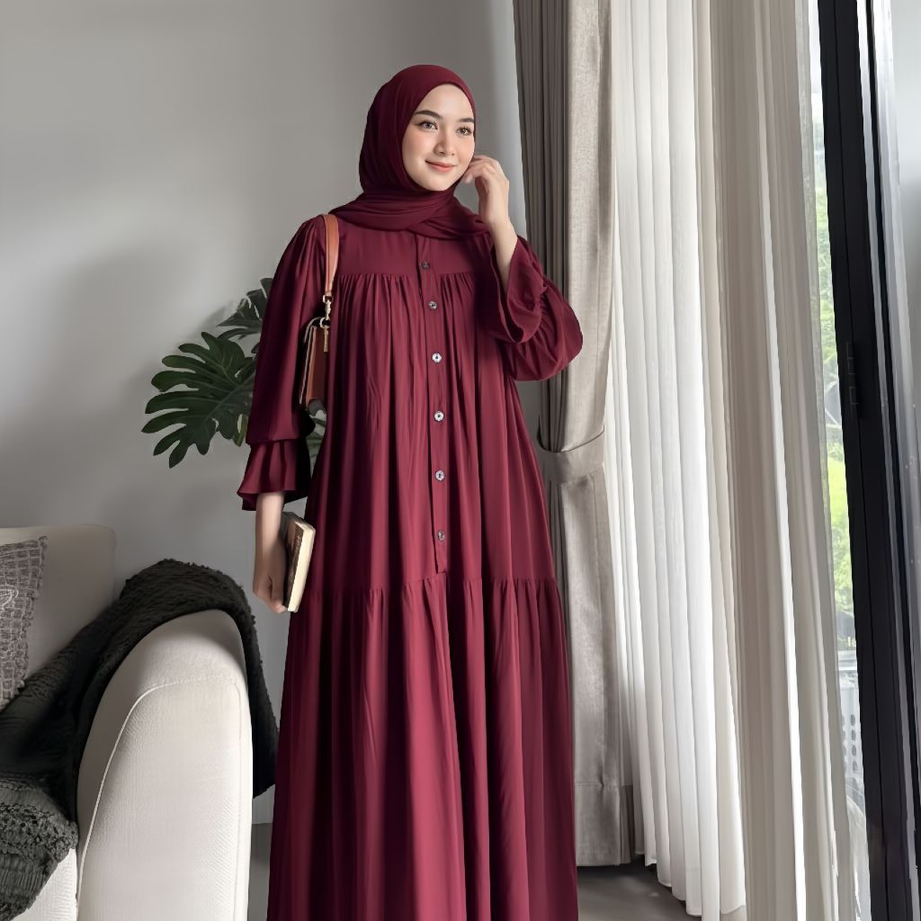 BestPromo Nagita Dress Gamis Rayon Twill - Gamis Lebaran Model Lengan Balon Kancing Depan Busui