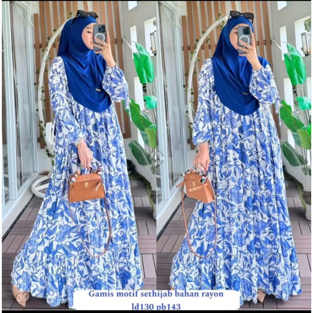 Gamis rayon premium motif bunga lengan balon blue