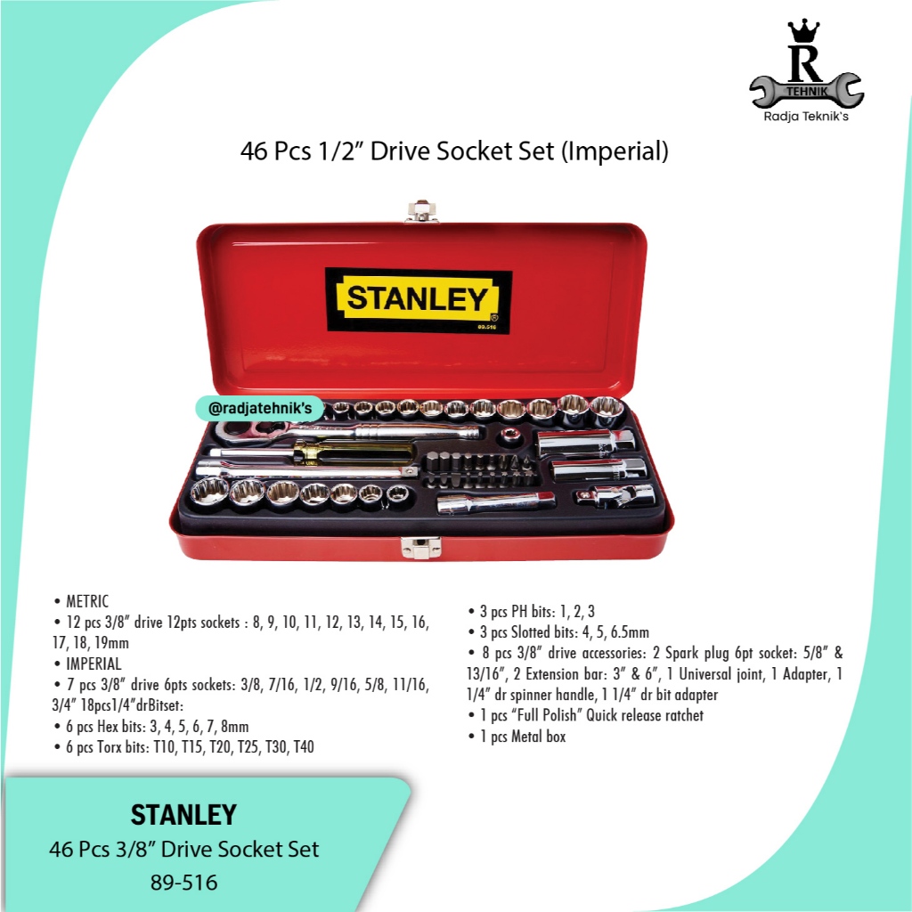 STANLEY  89-516 46 Pcs 3/8" Drive Socket Set  Kunci Socket  Drive Socket Set (Metric & Imperial)  Al