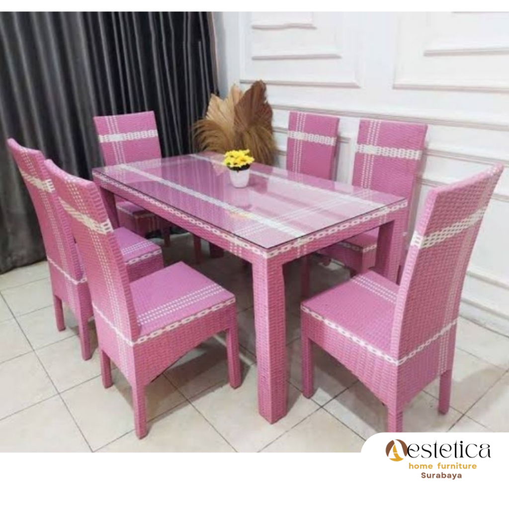 SET MEJA MAKAN 6 KURSI ROTAN SINTETIS / MEJA MAKAN KAYU By Aestetica Furniture Surabaya