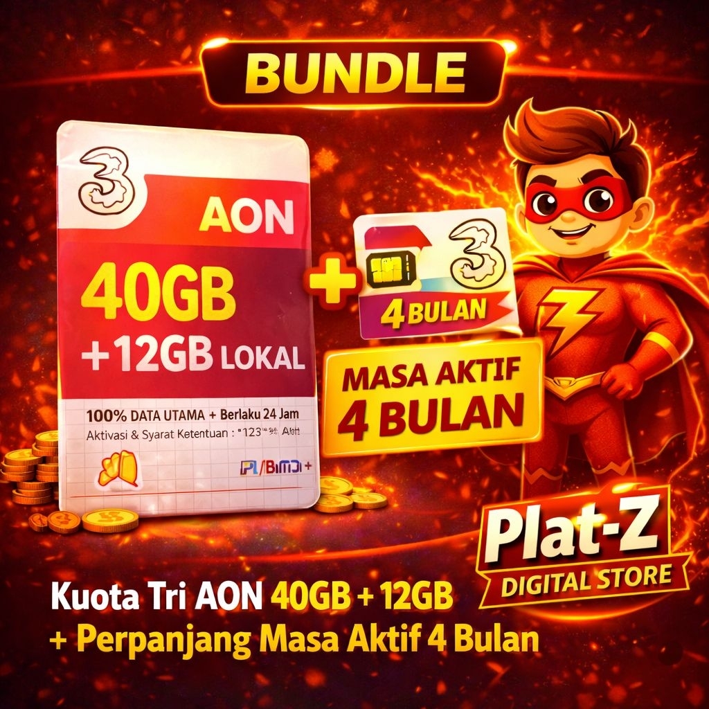 (BUNDLE) Kuota TRI AON 40GB+ Kuota Lokal 12GB + Perpanjang Masa Aktif Kartu 4 BULAN