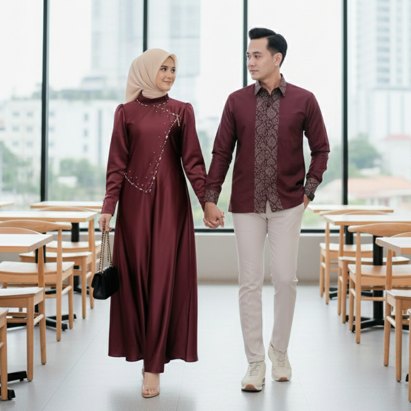Batik Couple Termurah - Gamis Couple Janggan Dress Maxmara Polos Full Payet Sulam Handmade Gamis Kon