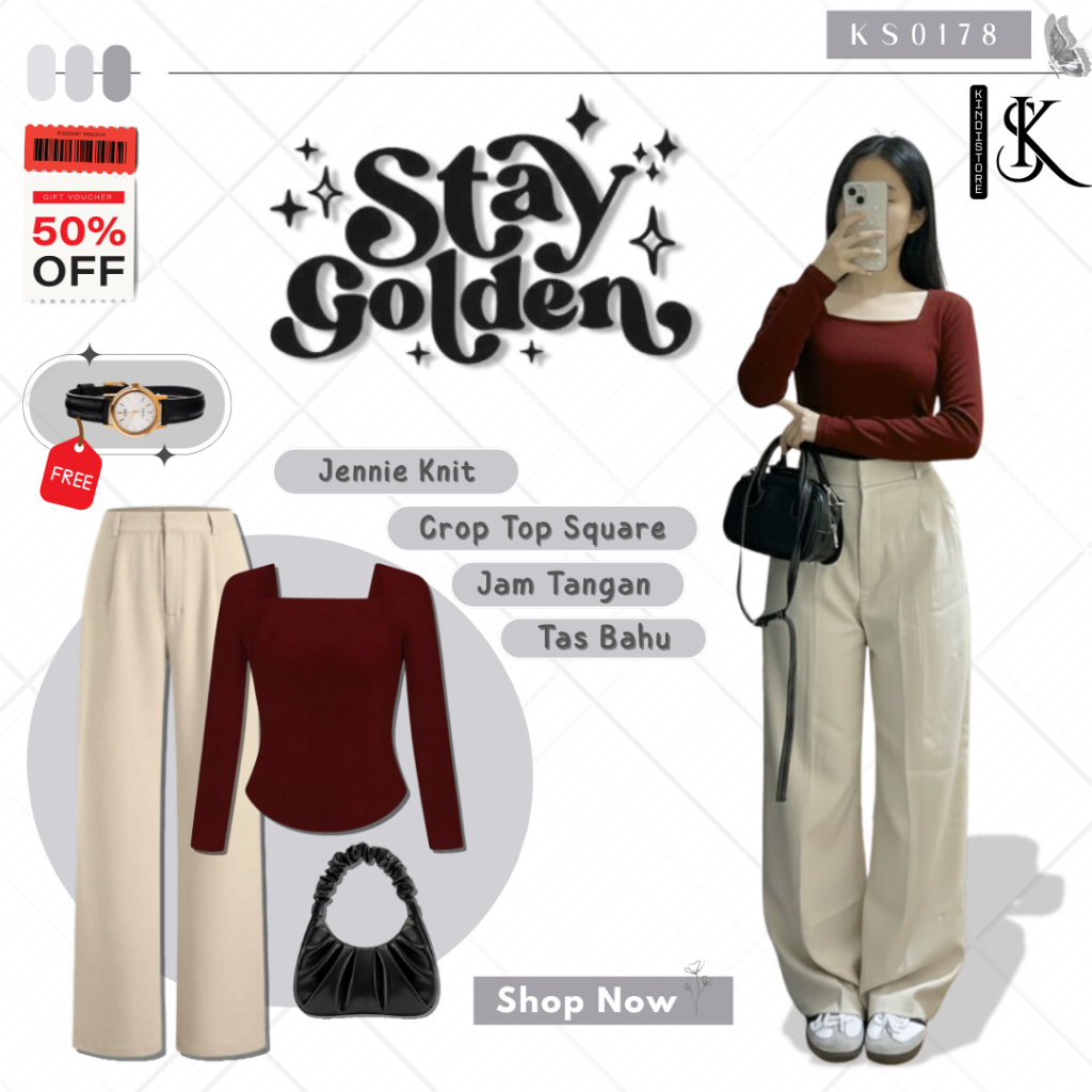 One set Casual Outfit 3in1 Wanita Kekinian (Crop Top, Jennie Knit, Tas Bahu, Free Jam Tangan) KS0178