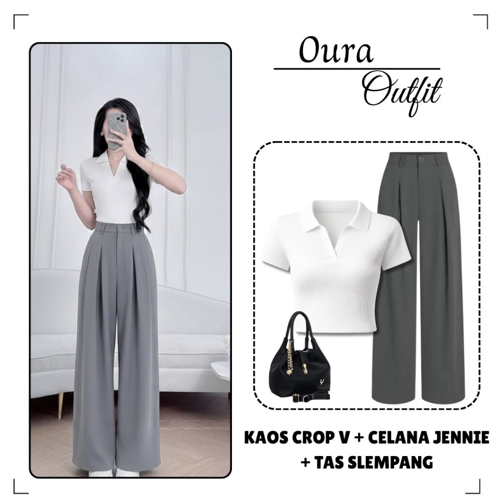 Outfit Set Wanita Daily Kekinian Korean Look 3IN1 (Oura Top V Neck+Celana Jennie+Tas Slempang) Setel