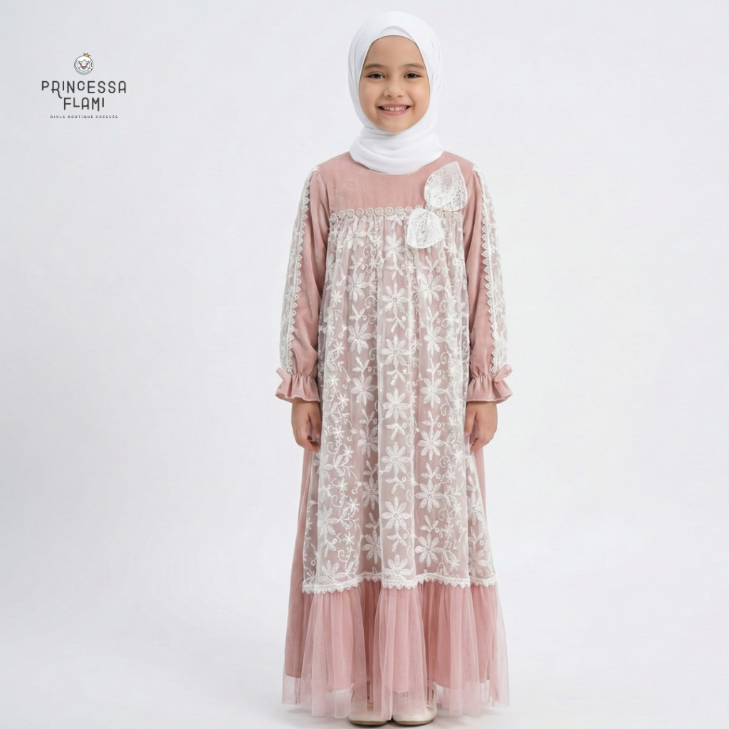 Princessa Flami Gamis Muslim Anak Dress Dusty Pink Flower Bow G1323