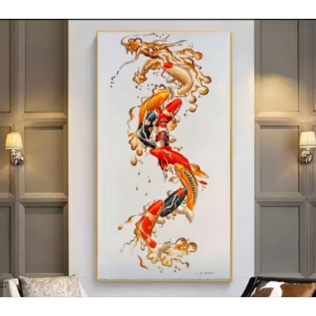 Lukisan ikan koi 9 ekor & naga | wall art Feng shui pembawa hoki  | hiasan dingding rumah