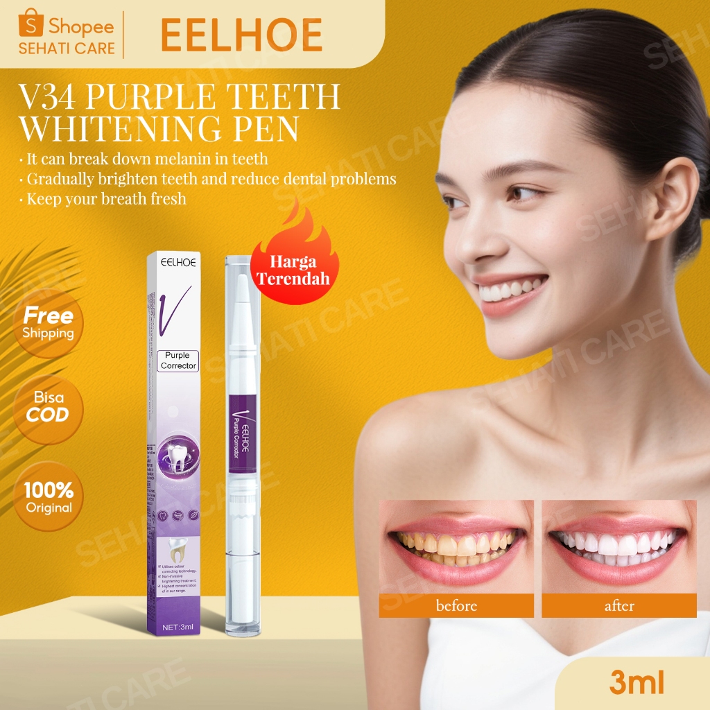 EELHOE V34 Purple Teeth Whitening Pen 3ml*1pc Pena Pemutih Gigi Warna Ungu V34 Removes Years Of Stub