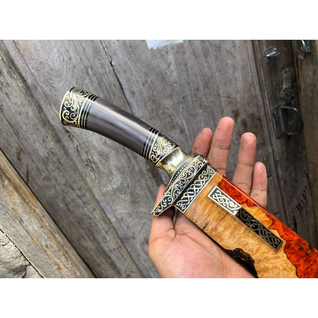 Pisau Sembelih Baja BOHLER N690 30cm 59 HRC Tajam - Sarung Kayu BURL, Gagang Tanduk, Fulltan di Pin